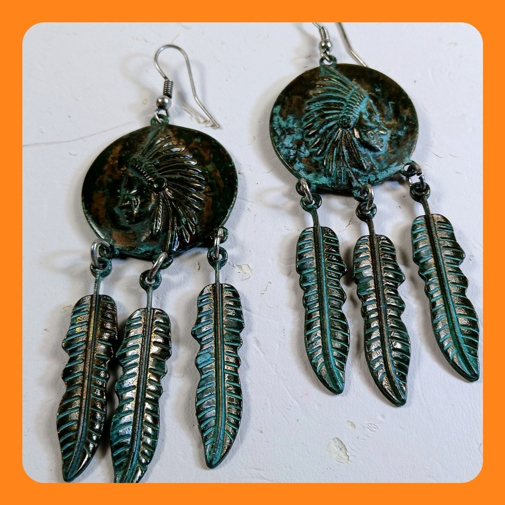 Vintage Handcrafted Western Verdigris Patina Medallion Feather Drop Earrings